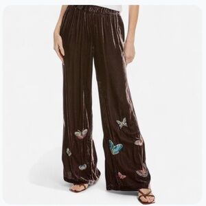 NWT Johnny Was Luciana brown velvet butterfly embroidered wide leg pants, XXL